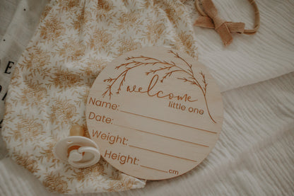 Wooden 'Welcome little one' birth announcement disc WHIMSICAL
