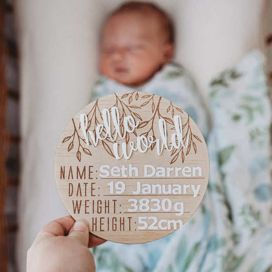Wooden + Acrylic 'Hello World' birth announcement disc VINE