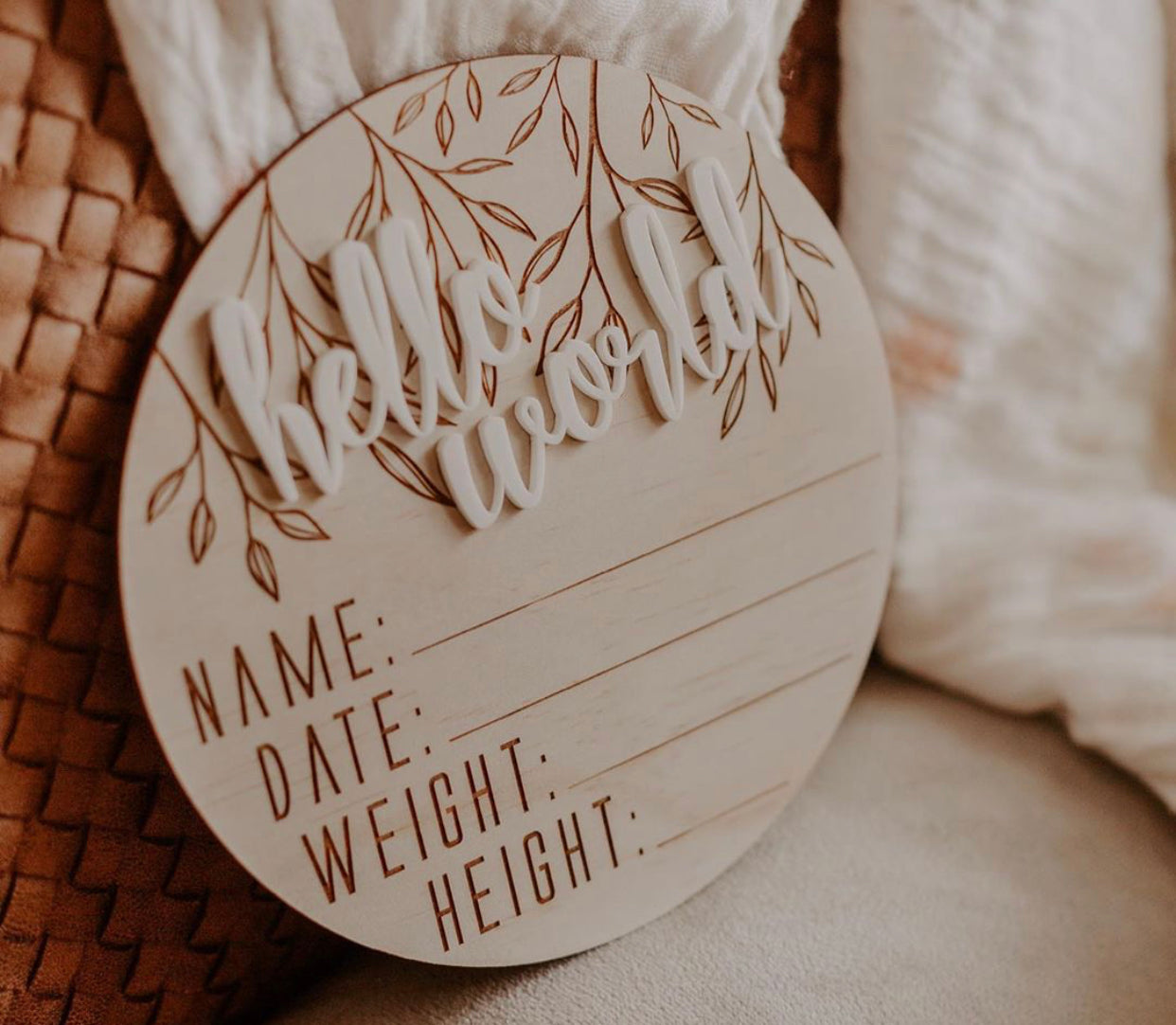 Wooden + Acrylic 'Hello World' birth announcement disc VINE