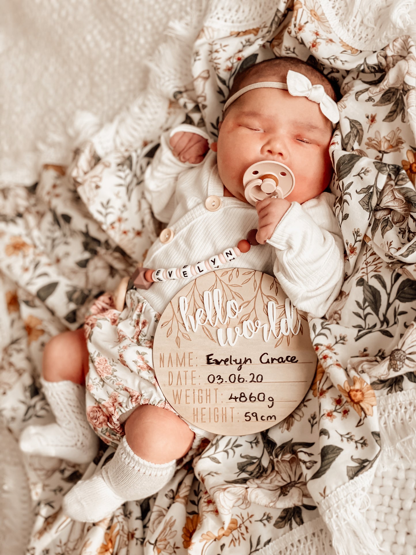 Wooden + Acrylic 'Hello World' birth announcement disc VINE