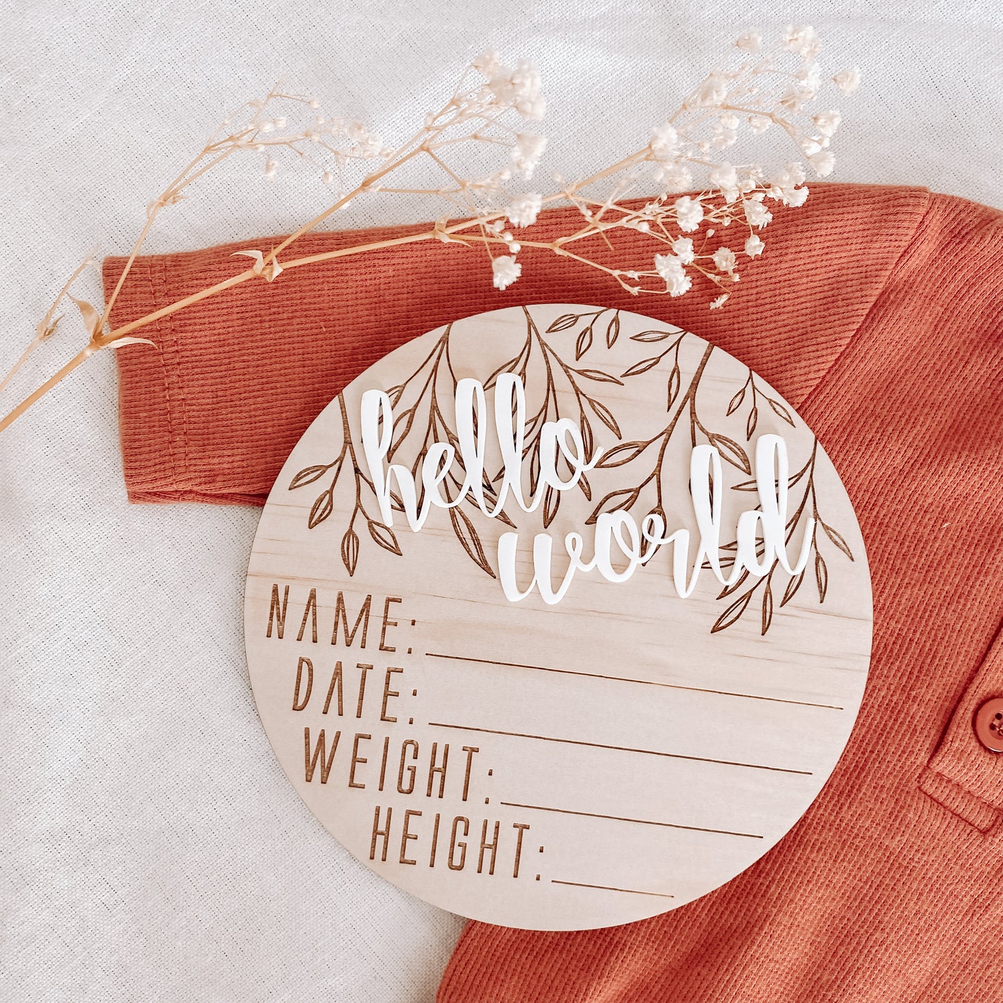 Wooden + Acrylic 'Hello World' birth announcement disc VINE